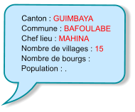 Canton : GUIMBAYA Commune : BAFOULABE Chef lieu : MAHINA Nombre de villages : 15 Nombre de bourgs :  Population : .